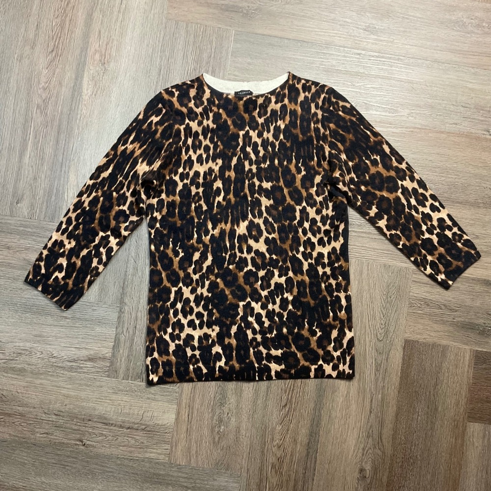 Talbots Pure Cashmere Leopard Print Sweater Womens Small Brown Black 3/4 Sleeve